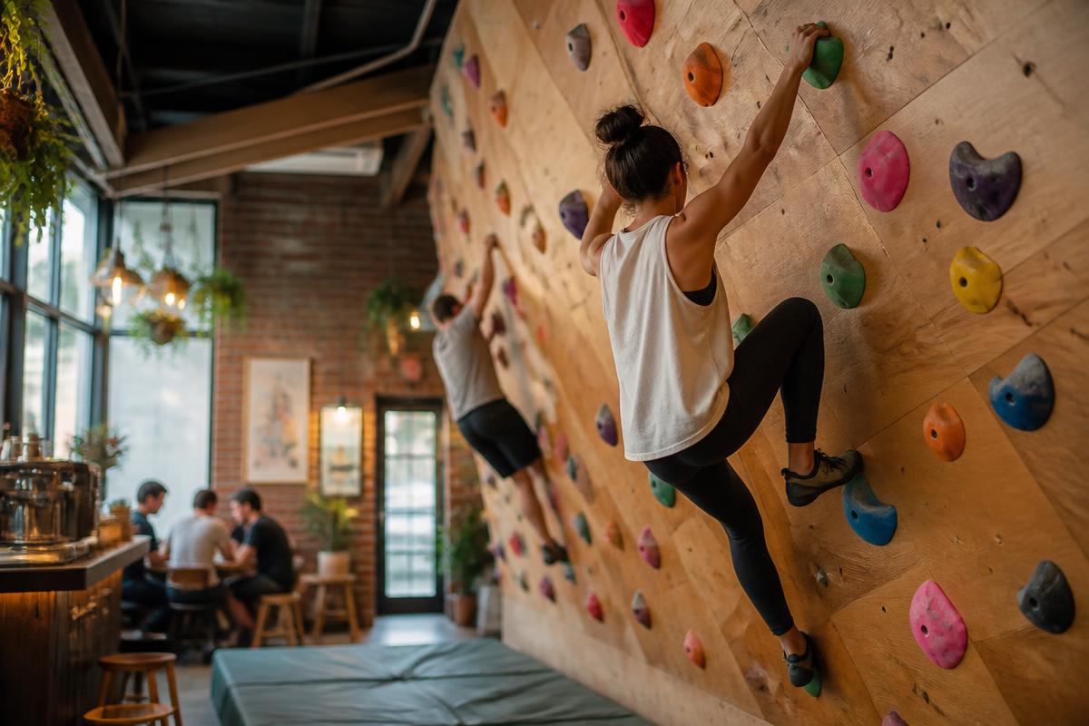 Guests climbing a wooden bouldering wall inside the cafe