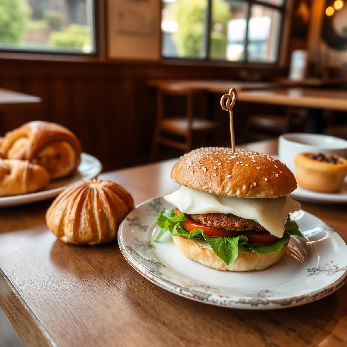 Breakfast sandwich and fresh pastries on a cafe table