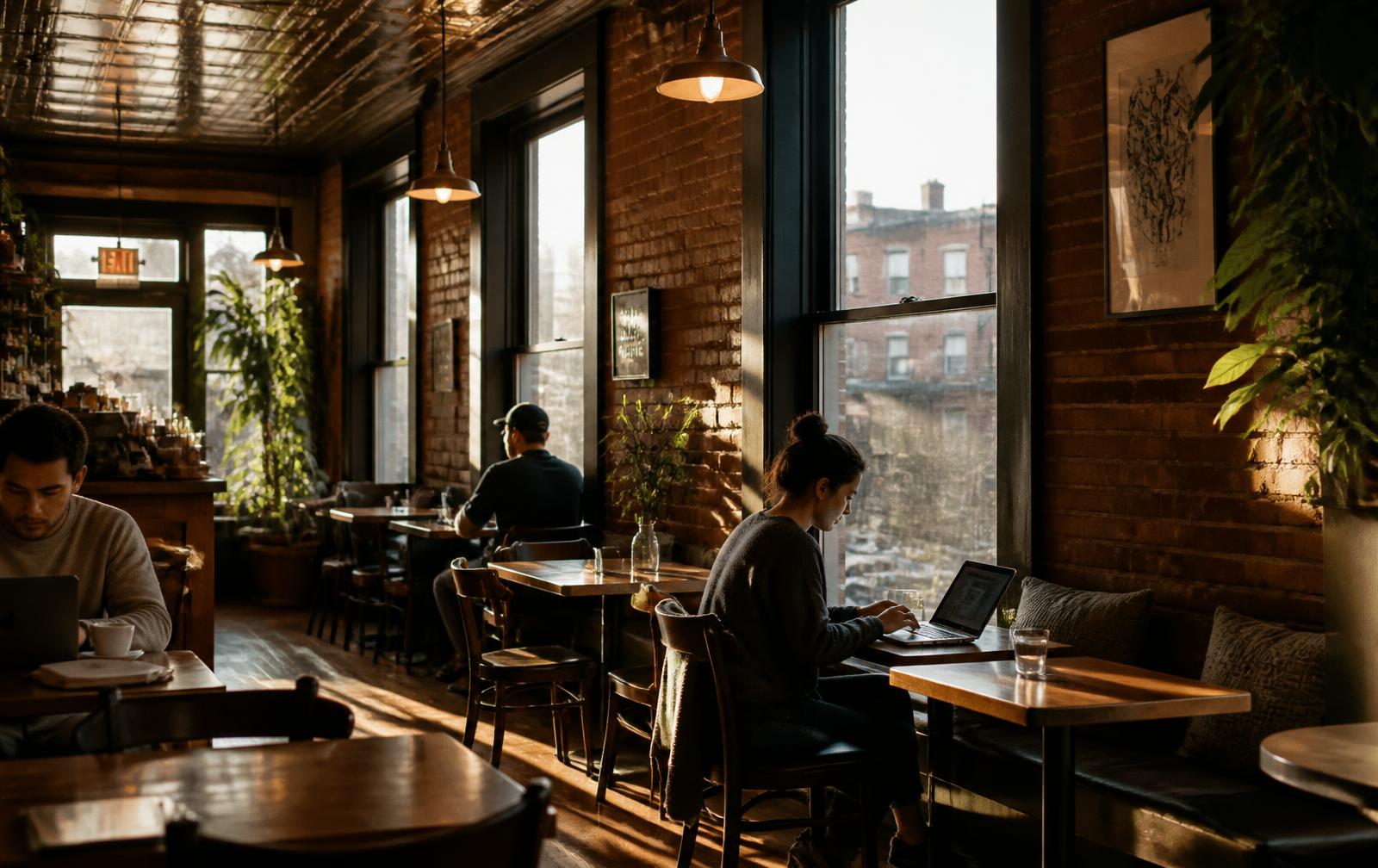 Sunlit interior of The Cafe Upstairs with brick walls, wooden tables and guests working